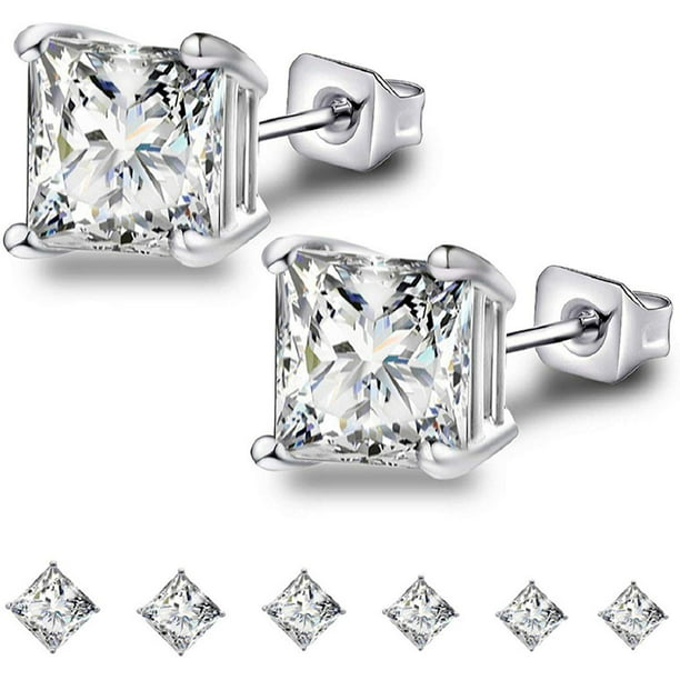 Clear Cubic Zirconia Encrusted Bowl Shape Stud Earrings Rhodium Plated Sterling Silver 